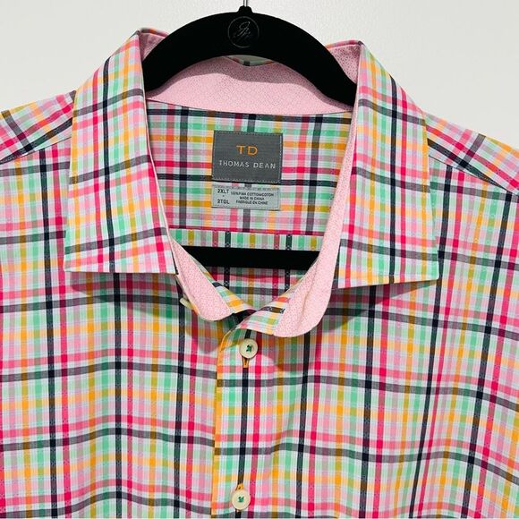 Thomas Dean Men’s Pink Plaid Contrast Cuffs Button Up Shirt Sz. 2XLT Pima Cotton - Picture 3 of 13